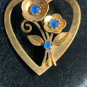 Gold-Tone Heart Floral Brooch with Blue Stones